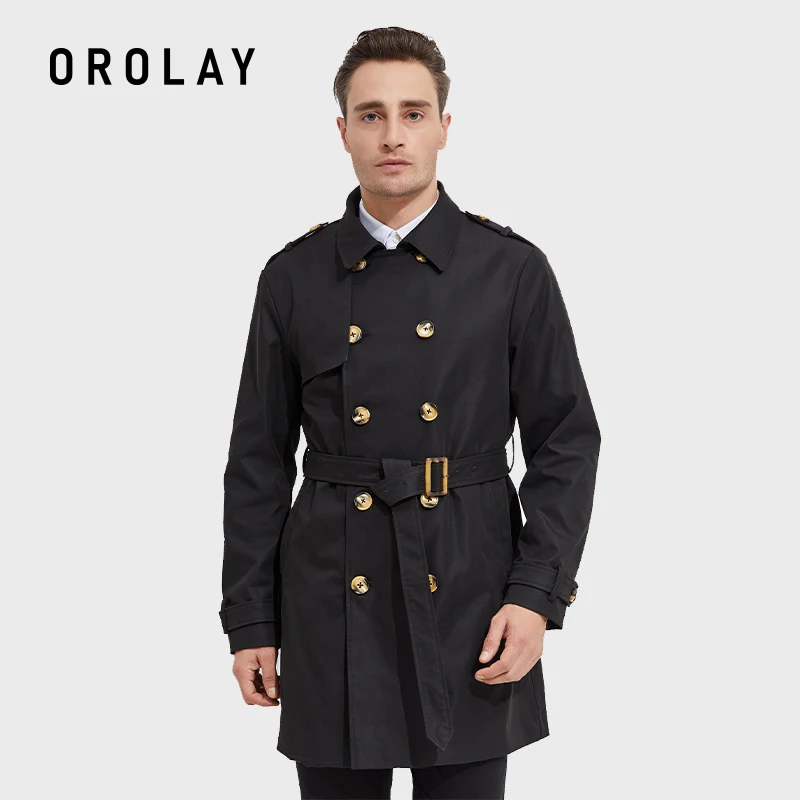 

Orolay Men's Long Double Breasted Trench Coat with Belt Light Lape Windbreaker