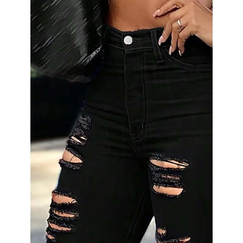 New Women Clothing Jeans Black Slimming Ripped Hollow Out Ankle Length Stretch Skinny Trousers Casual Fashion Long Pants TC08306