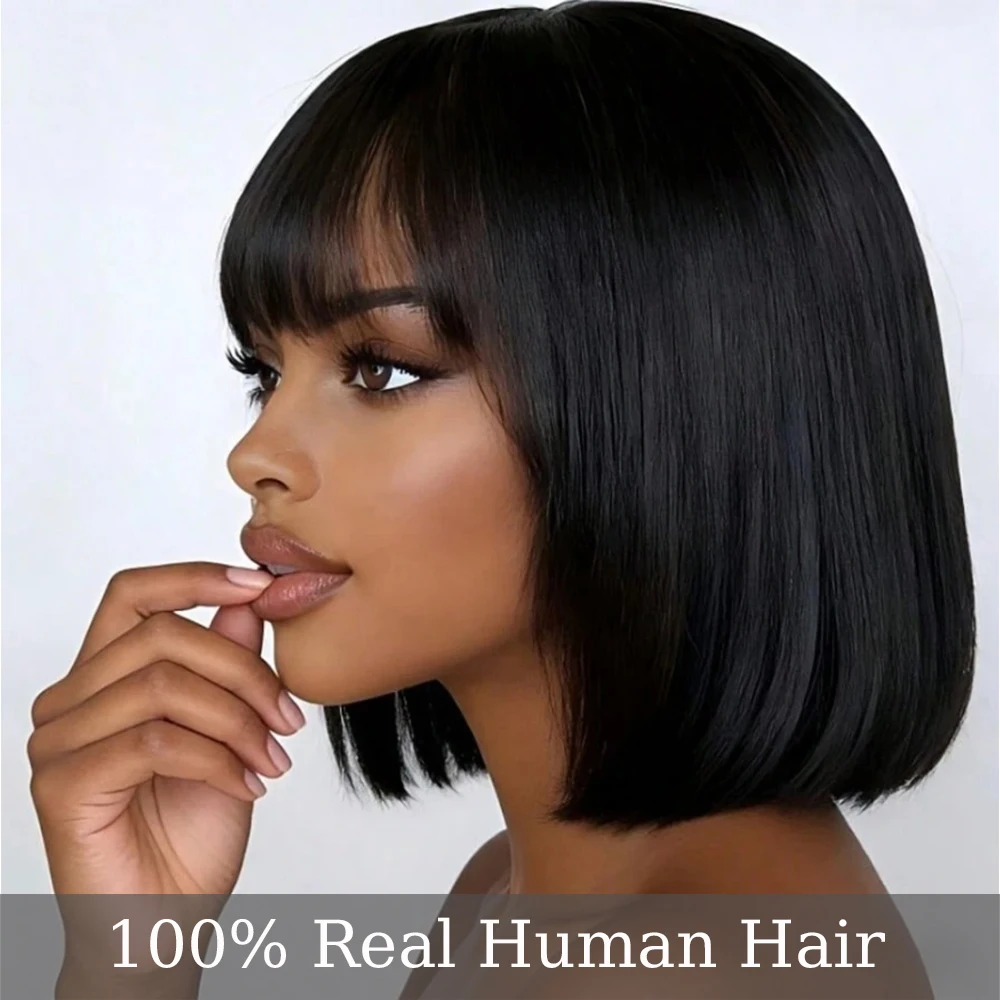 Solid Black Short Blunt Cut Bob Human Hair Wig with Full Bangs-  Lightweight Pure Black Sleek Straight Blunt Cut Bob Wig with Thick Fringes,  Full Machine Made Easy Wear Bowl Cut Wig for Everyday & Special Occasions