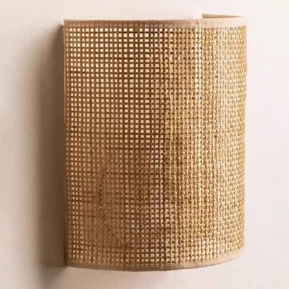 Rattan Wall Light Boho Hand Woven Wall Sconce Retro Farmhouse Bathroom Vanity Wall Lamp Sconces Lighting For Bedside Living Room