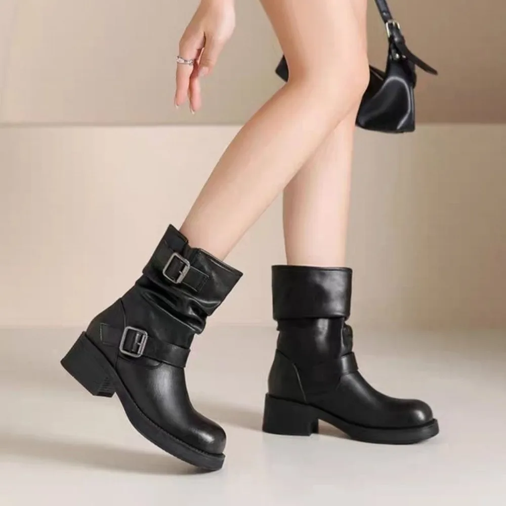 2024 New Fashionable Thick Bottom Women's British Style Western Cowboy Boots with Middle Tube Wrinkles and Thin Stacking Boots