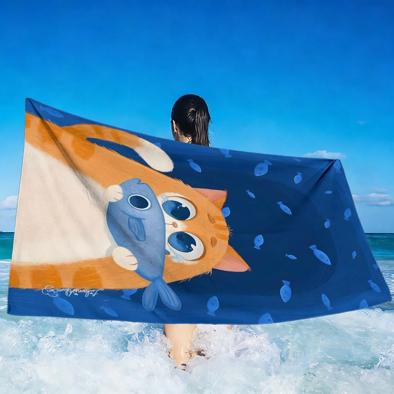 1pc Cute Cartoon Cat with Fish Pattern Oversized Soft Beach Towel, Blue Ocean Fish Print, Microfiber Bath Towel, Quick-Dry