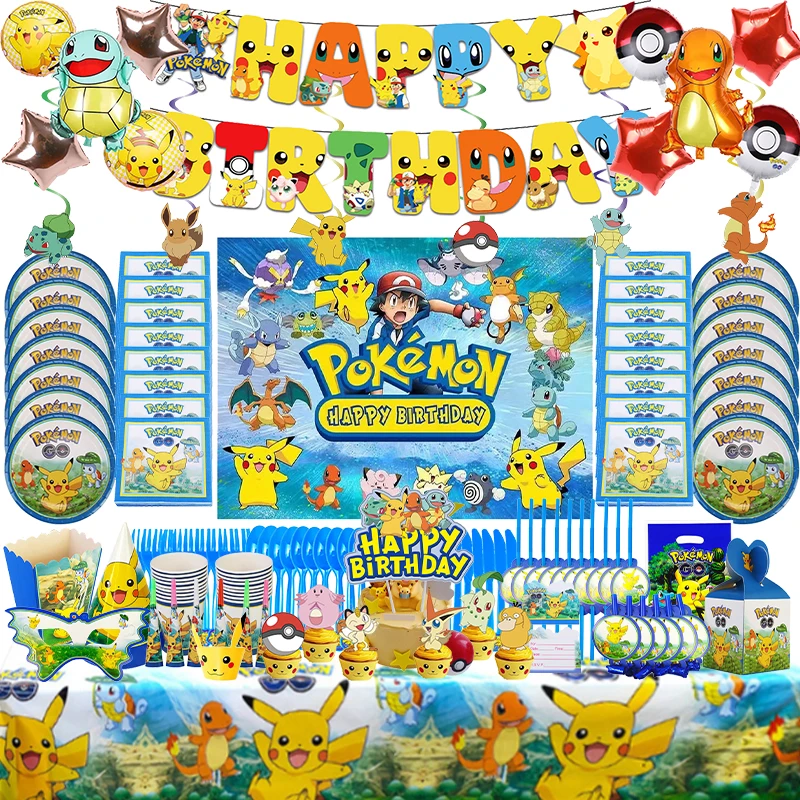 Pokemon Birthday Party Decorations Pikachu Balloons Baby Shower Wedding Party Supplies Tableware Backdrop Topper Boys Toys