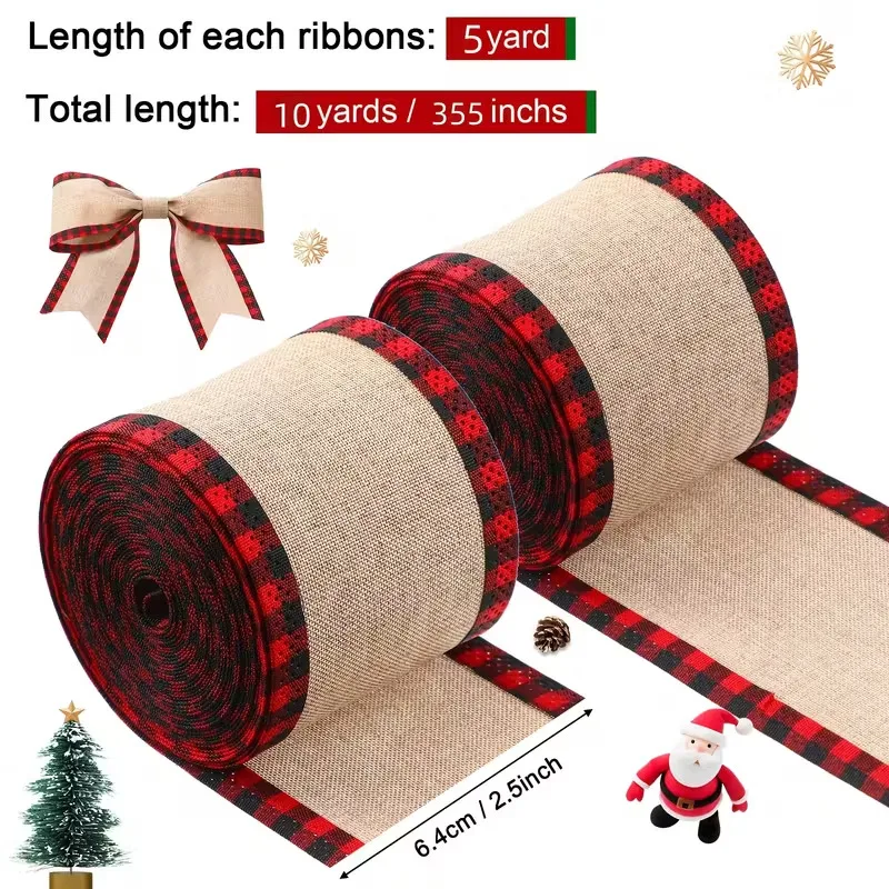 

2 Rolls Christmas Buffalo Plaid Wired Edge Ribbons Burlap Fabric Wrapping Ribbon Christmas Crafts Supplies Christmas Decoration