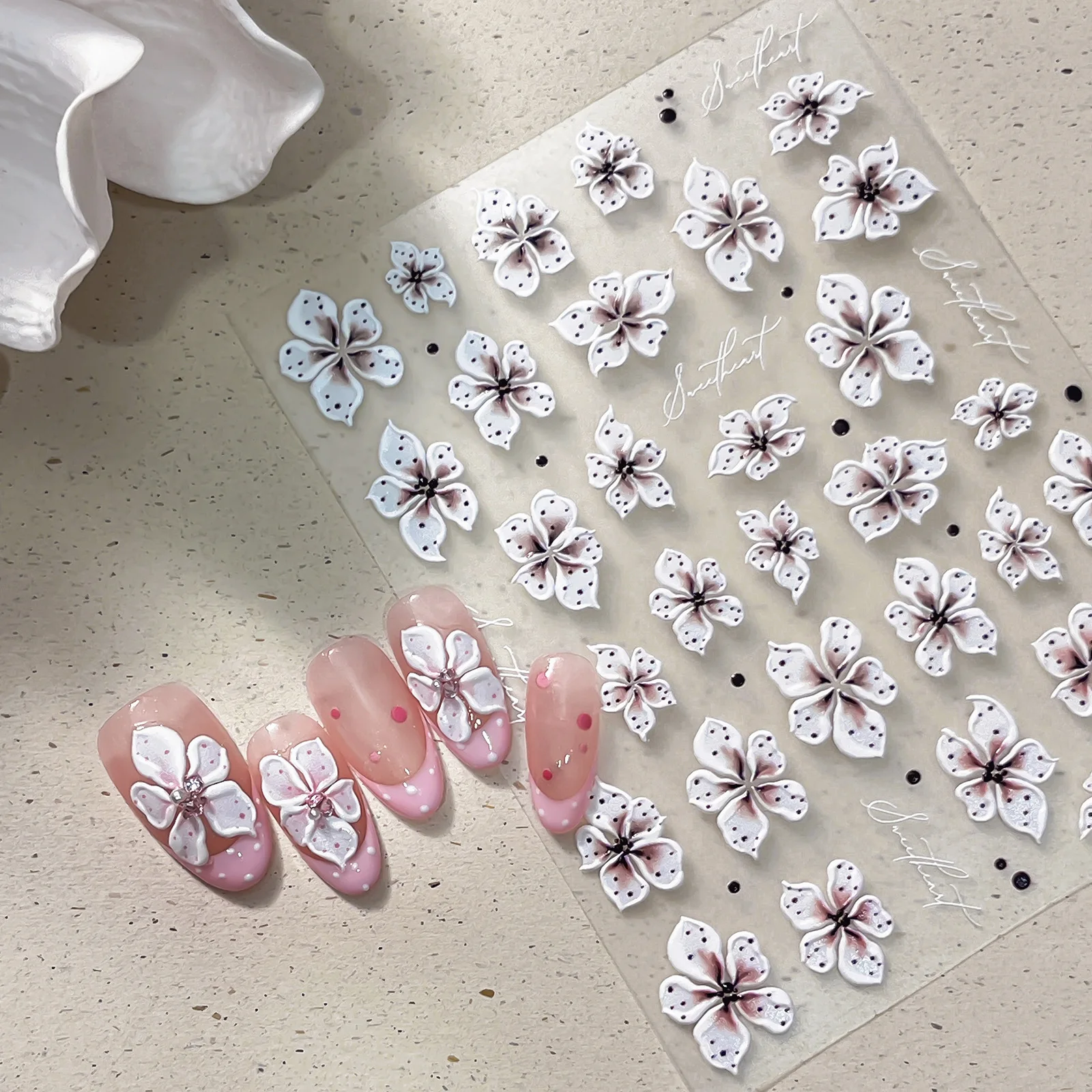 Romantic Gradient Wave Point Cherry Blossom Nail Sticker White Pink Flower Pattern Design Self-adhesive Nail Decoration Sticker