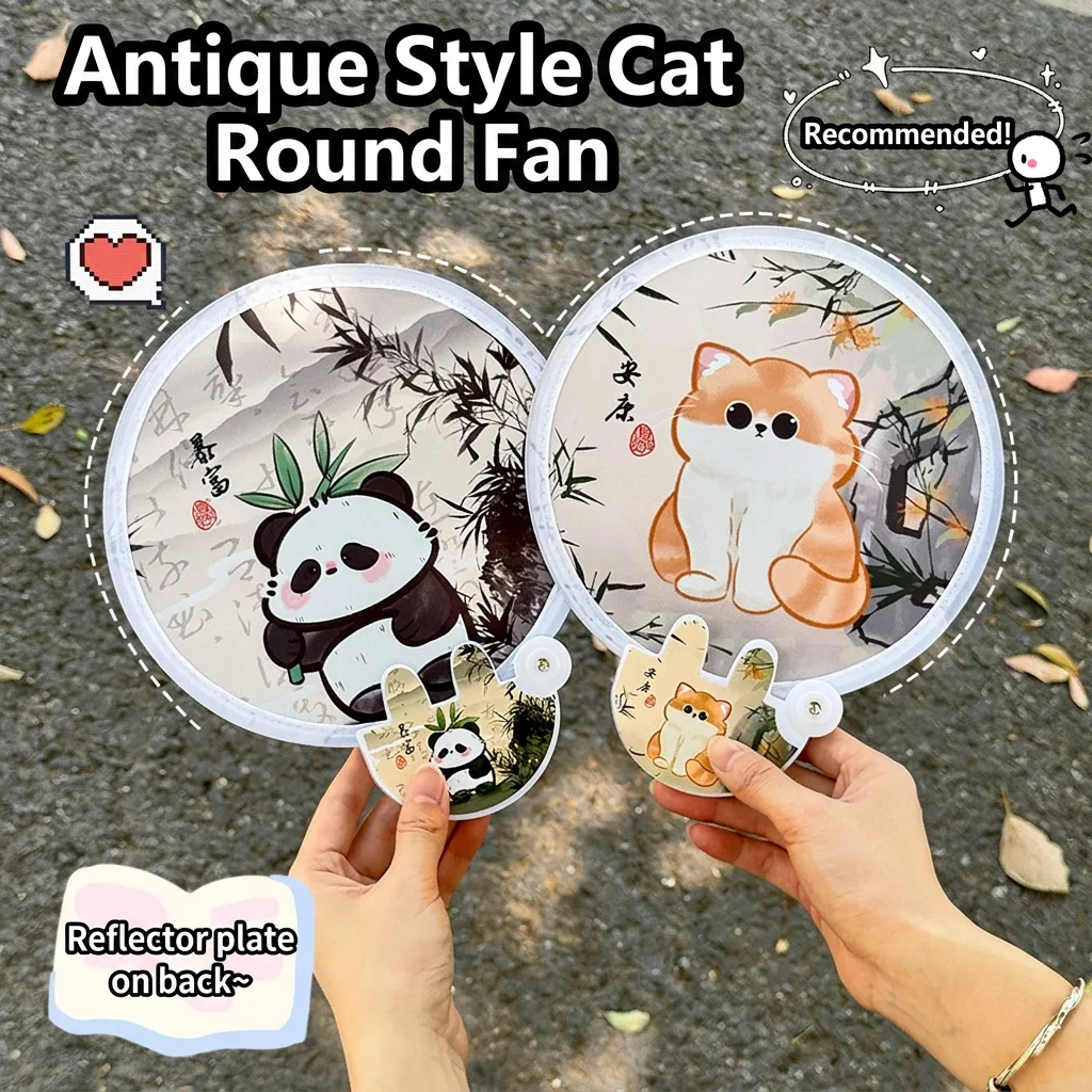 Foldable Fan Water-Resistant Cartoon Round Fan Portable Fabric Fan Cute For Daily Commute Gift For Friends Outdoor Travel