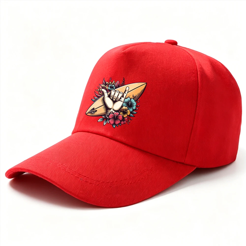 Shaka Hand Sign Surfboard Tropical Hibiscus Flower Graphic Dad Hat Hawaiian Surfer Beach Summer Casual Cotton Baseball Cap Gift