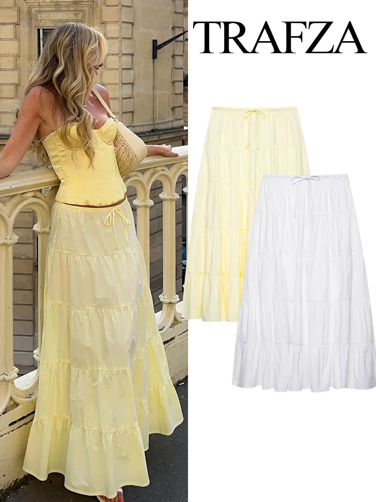 

HH Women New Fashion Versatile Cotton Layered Spliced ​​Long 2-Color Skirt Female Elegance Mid-waist Bow Lace-up Slim Skir