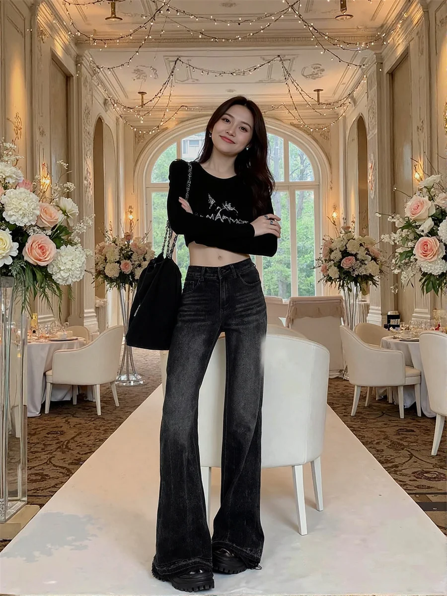 

Женские расклешенные джинсы с эффектом потертости 2025: летние джинсовые брюки свободного кроя с цветовыми блоками для фестивалей, танцев и уличного стиля (BF)