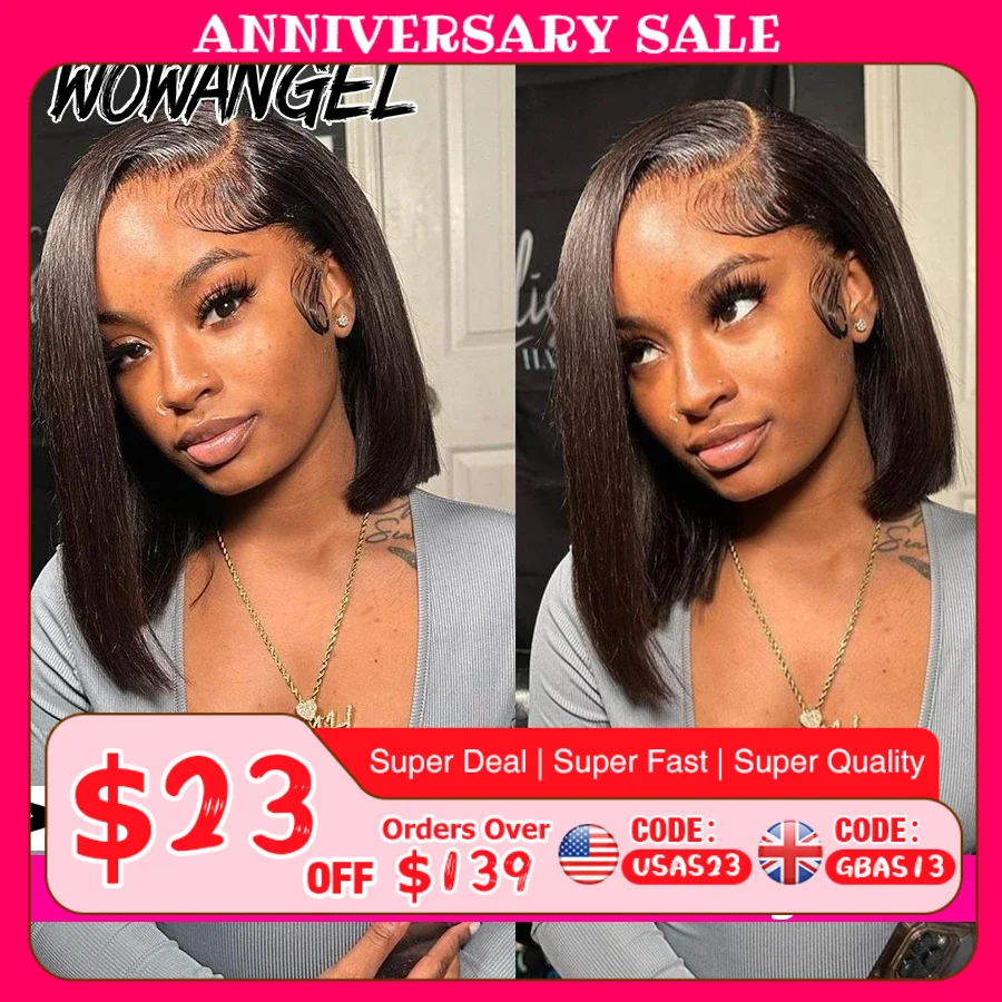 Wow anjo 13x6 hd perucas dianteiras do laço curto bob em linha reta frontal do laço perucas de cabelo humano pré arrancadas rendas derretidas brasileiras para mulher