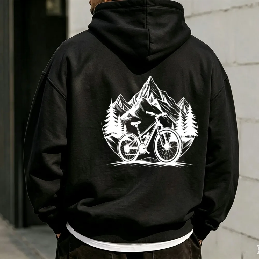 Mountain Bike Sketch Mountain Pine Tree Graphic Hoodie Forest Cycling Pullover Sweatshirt Biker Outdoor Adventure Casual Tops