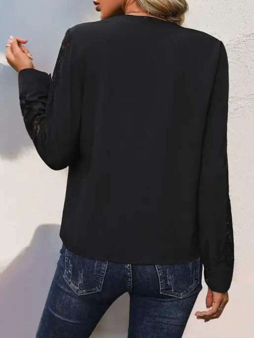 ฤดูใบไม้ร่วงหรูหราหลวมลูกไม้เย็บปะติดปะต่อกันแขนยาวสีทึบเสื้อคอวีสำหรับผู้หญิง,แฟชั่นเสื้อแขนยาวลูกไม้เย็บปะติดปะต่อกัน