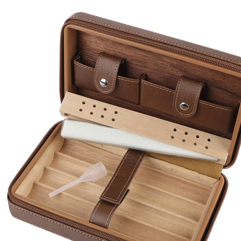 Gift For Boy Friend Father Cedar Wood Cigar Humidor Box PU Leather Cigar Case Storage 4 Cigars Box Humidor Humidifier