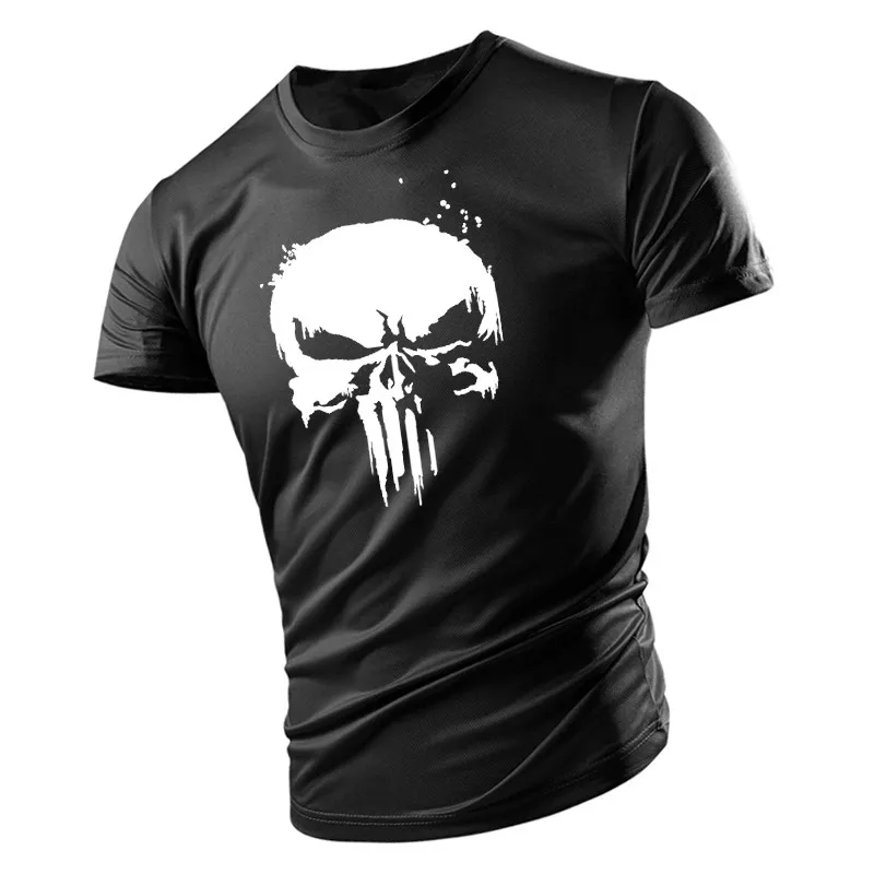 New Handsome Skull Pattern Muscular Men T-shirt Sports Tough Guy Style Outdoor Light And Thin Summer Breathable Stretch Top