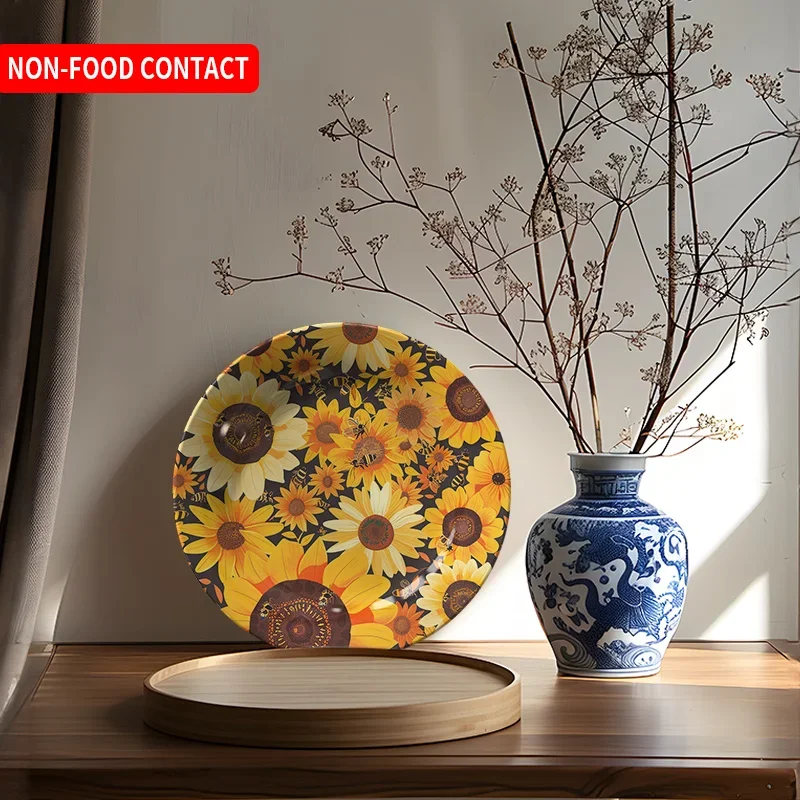 1pc Hand-Painted Ceramic Sunflower Wall Art Plate - Non-Food Contact, Vibrant Yellow & Brown Floral Design, Round Decorative