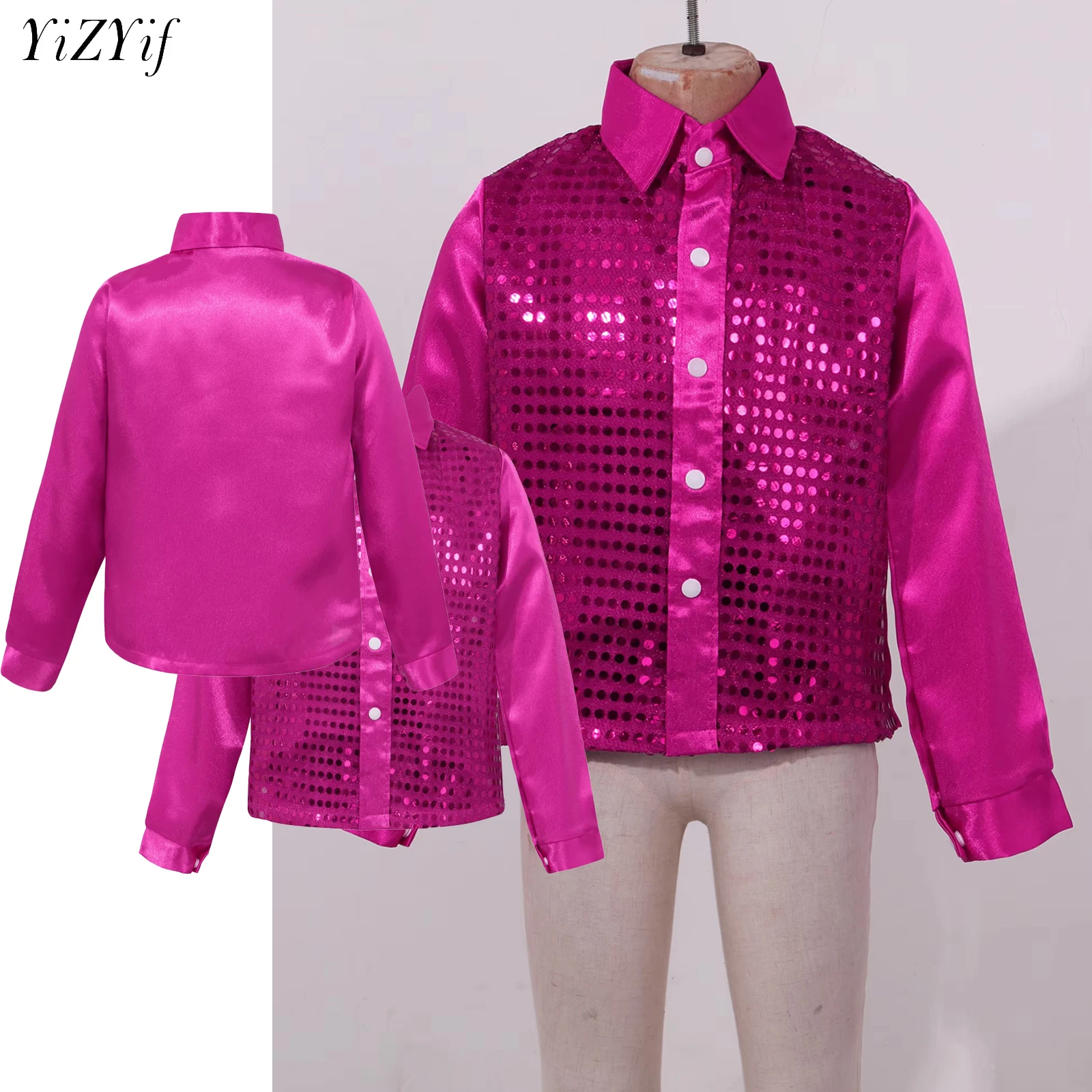 Kids Boys Girls Sequins Jazz Hip Hop Street Dance T-Shirts Long Sleeve Collar Jacket Tops Performance Costume Children Clothes