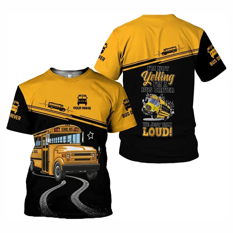 

New Fun Role Playing School Bus Driver Men's 3D Printed Custom Name T-shirt Daily Casual Large Loose Round Neck Short Sleeve Top