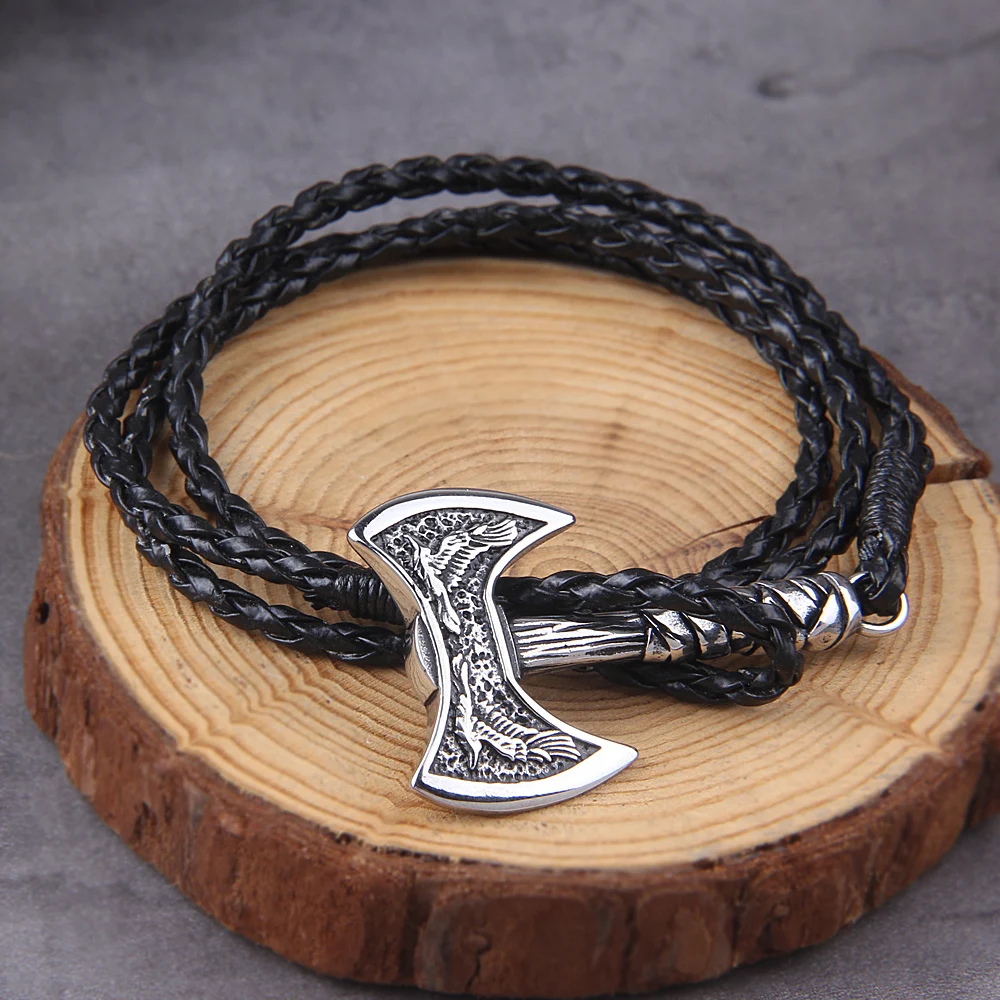 Mens Axe Viking Bracelet Irish Knot Hatchet Handmade Braided Multilayer Leather Pirate Bracelet For Male Hand Jewelry