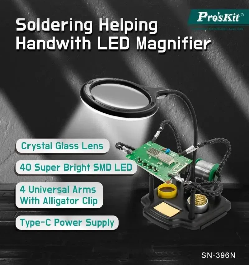 Proskit SN-396N Welding holder 7-in-1 multi-function magnifying glass LED lamp circuit board fixing bracket USB