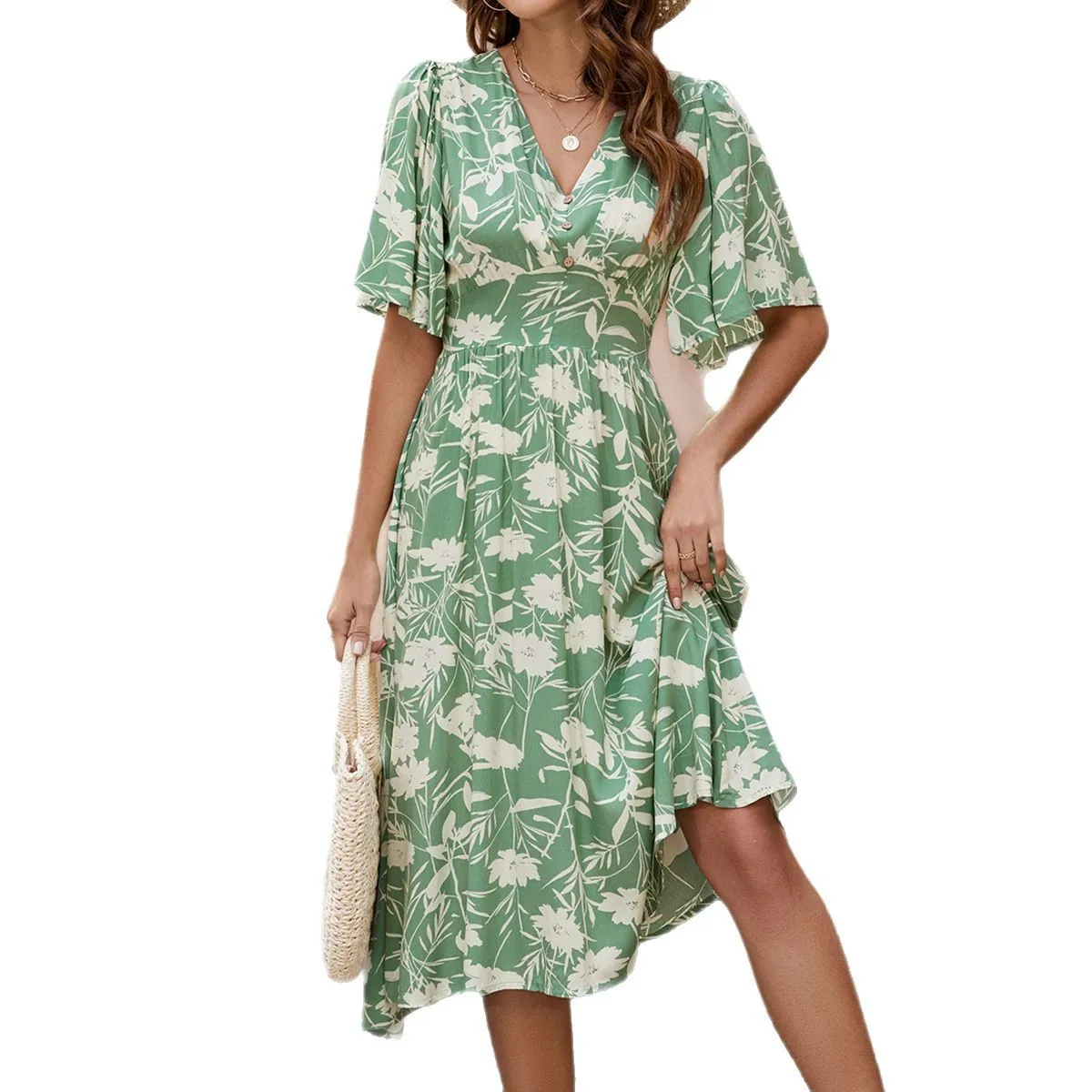 Dames n Cotton Summer Dr V-Ne ort Sve taillegedekte print Dr elastische taille bloemenprint Dr