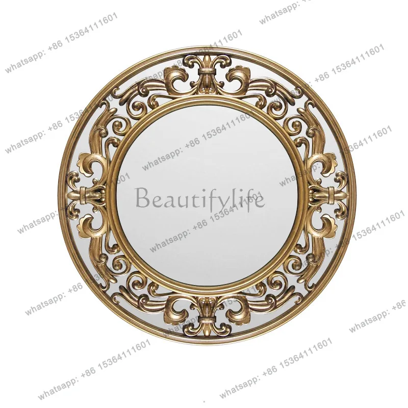 

European retro round carved wall mirror American light luxury decorative mirror home