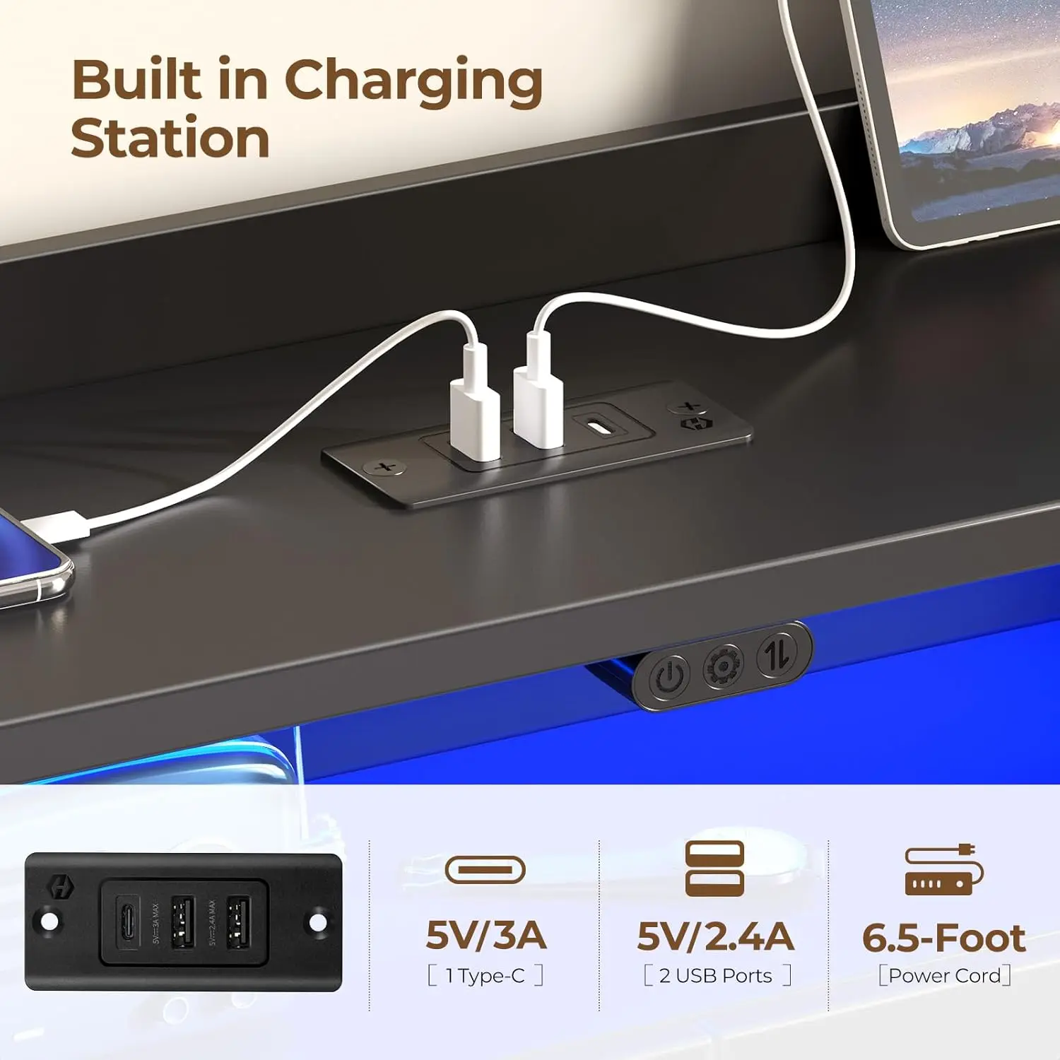 إطار سرير مزدوج مع خزانة كتب للتخزين LED على اللوح الأمامي ومحطة شحن USB #5