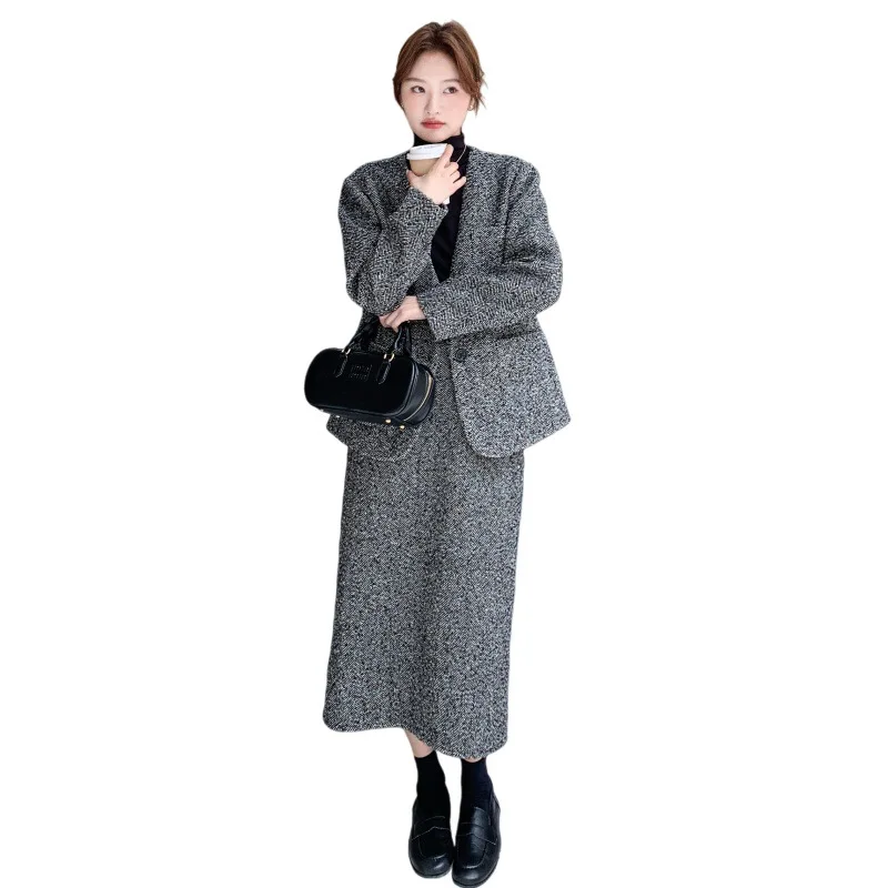 Модный шерстяной пуховик с v-образным вырезом, куртка, повседневная полуюбка, женская зима 202, новый элегантный комплект из двух предметов для поездок на работу