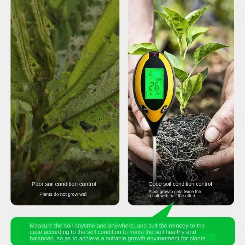 4-in-1 Soil Moisture Meter – Multifunctional Soil pH, Temperature, and Light Tester; Soil Tester with Easy-to-Read Display
