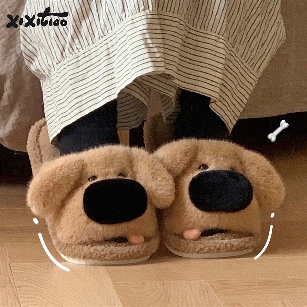 

Funny Puppy Slippers Couple Cartoon Cute Dog Autumn And Winter Home Slippers For Men And Women Casual Indoor Cotton Slippers