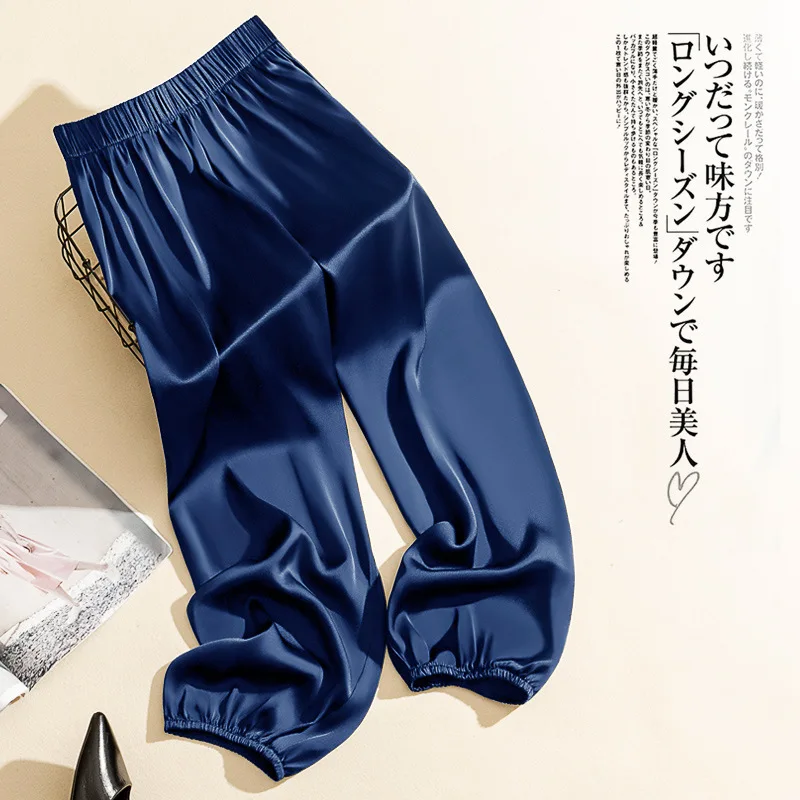 Temperament Summer Solid Men's Wear Elastic Waist Thin Satin Face Pockets Fashion Versatile Loose Wide Leg Straight Pants