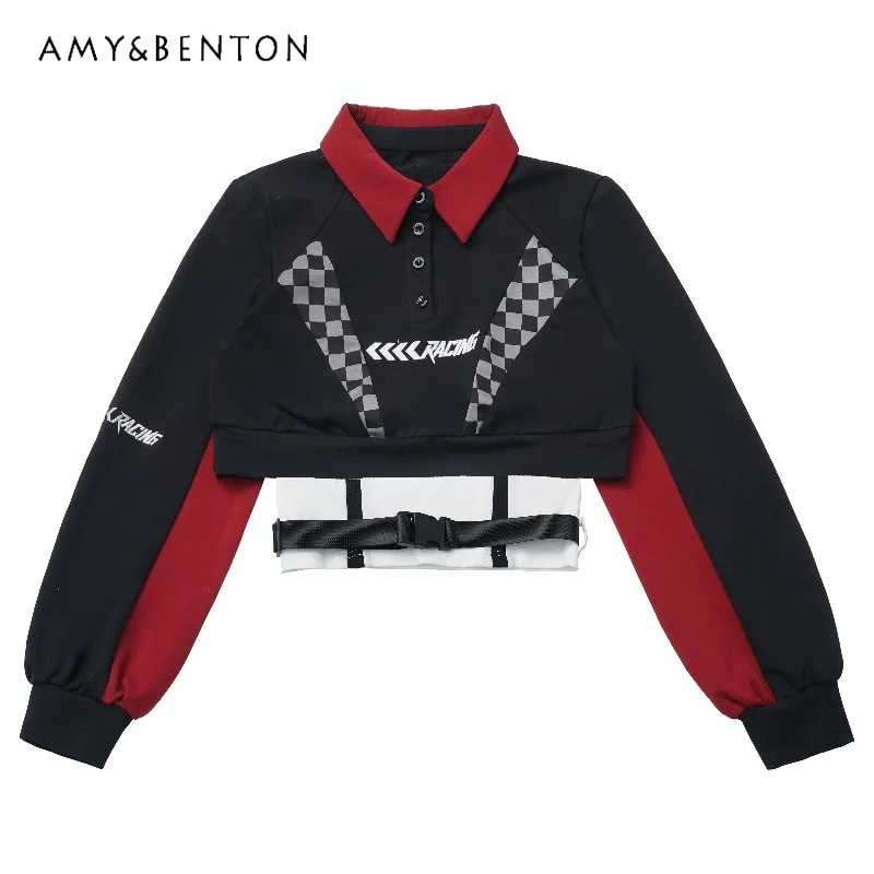 Sweet Cool Motorcycle Style Hot Girl Red and Black Patchwork Top Jeans Sets Gothic Y2K High Waist Straight Pants Short Jackets