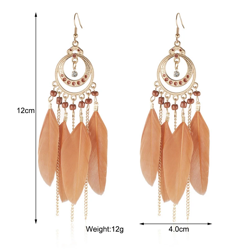 Boucles d'oreilles bohèmes longues plumes pour femmes, pendants géométriques en métal émaillé, bijoux faits à la main perlés