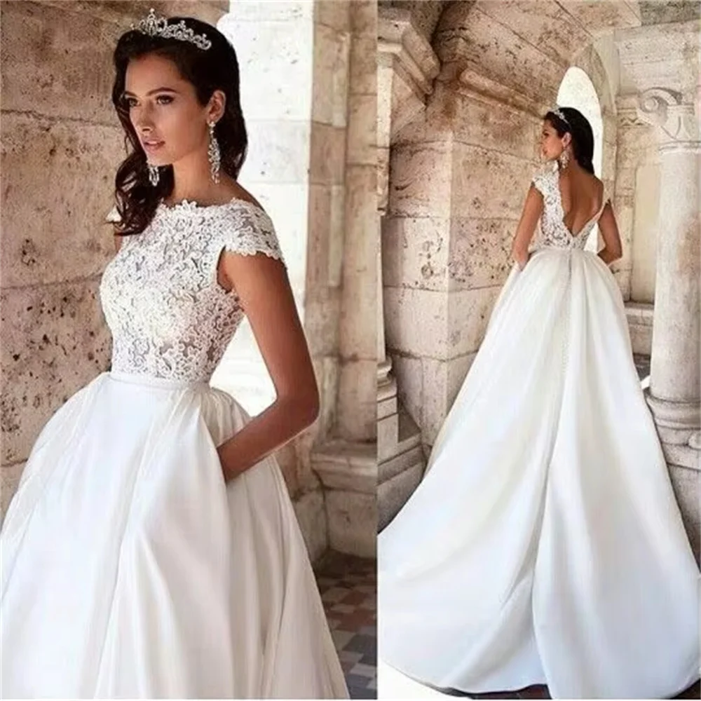 Đầm Váy Áo Có Túi Hở Lưng Satin Phối Ren Nắp Tay Cô Dâu Đầm Đầm Vestido De Novia Cưới Bầu Thanh Lịch