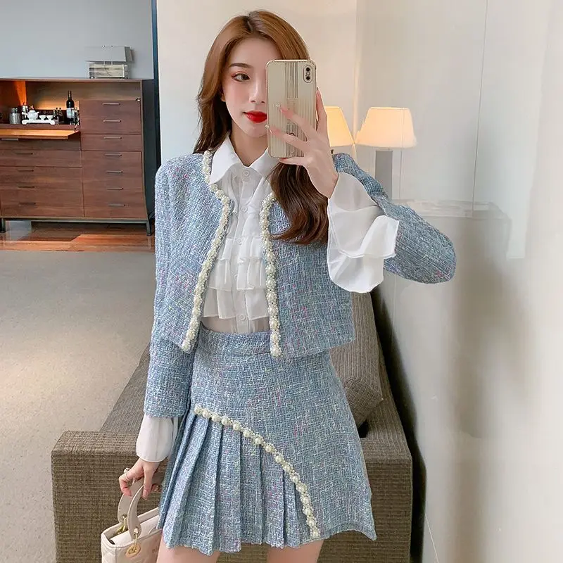 

2025 Autumn Winter New High Quality Elegant Women Fashion Commute Slimming Tweed Coat Pleated Skirt Shirt Three-piece Set