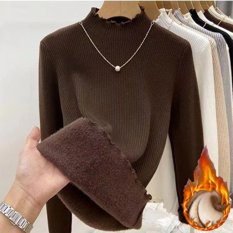 

Women's Long Sleeves Warm Ruffled Edge SweaterThickened Fleece Lined Turtleneck Pullover Autumn Winter Fashion Base Layer Shirt