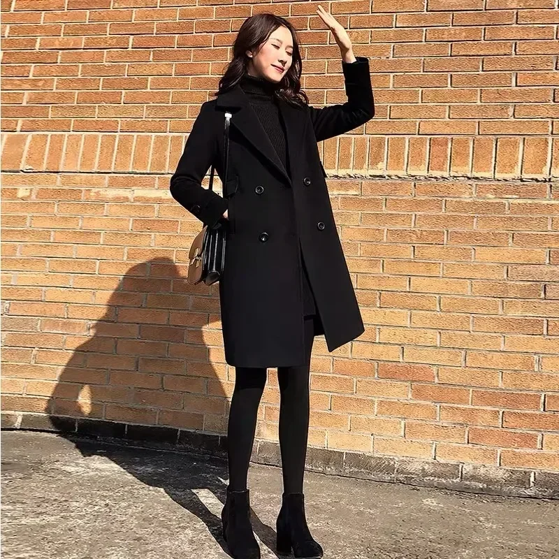 2024 Trendy Black Tweed Woolen Jacket Medium-Length Women's Overcoat For Autumn/Winter Professional Style Casual Chic