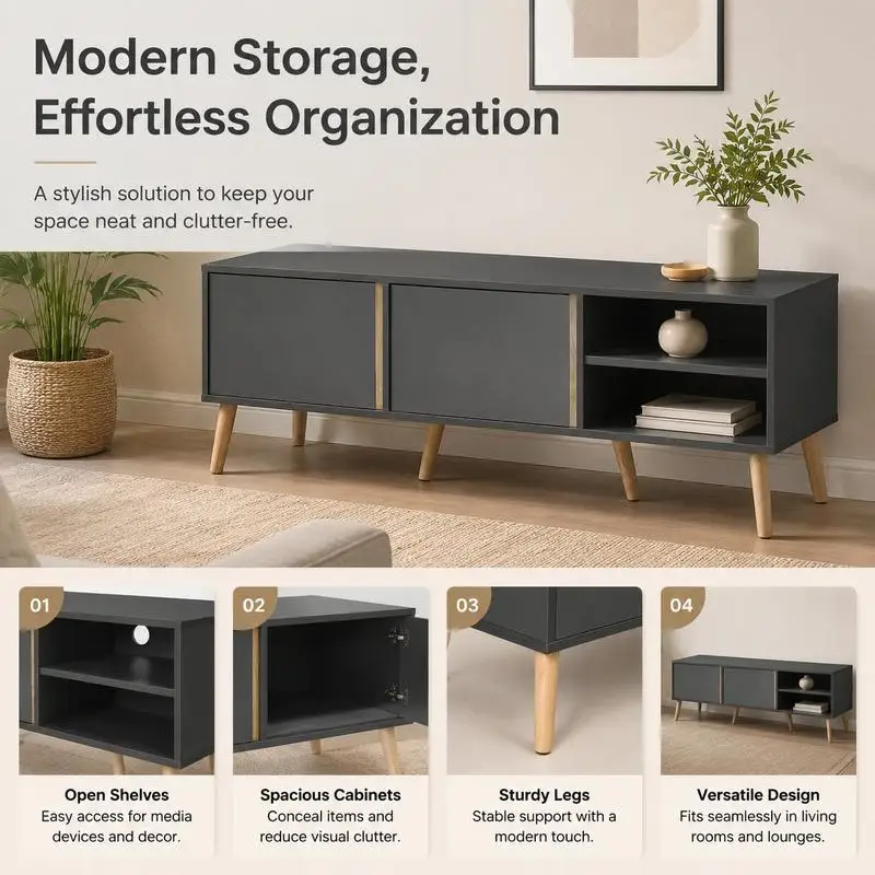 Mueble para TV de hasta 55 pulgadas, estilo escandinavo, 2 puertas, 2 nichos con paso para cables, 150 x 35 x 45 cm, gris oscuro. Crea una zona de almacenamiento de dispositivos multimedia ordenada para las necesidades diarias de visualización y entretenimiento familiar.