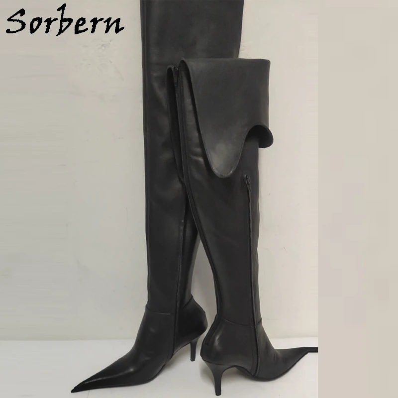 Sorbern Luxury Cow Leather Black Boots Women Mid Thigh High 8Cm Kitten Heels Pointed Toe Fetish Rear Zipper Size Eu37 Custom