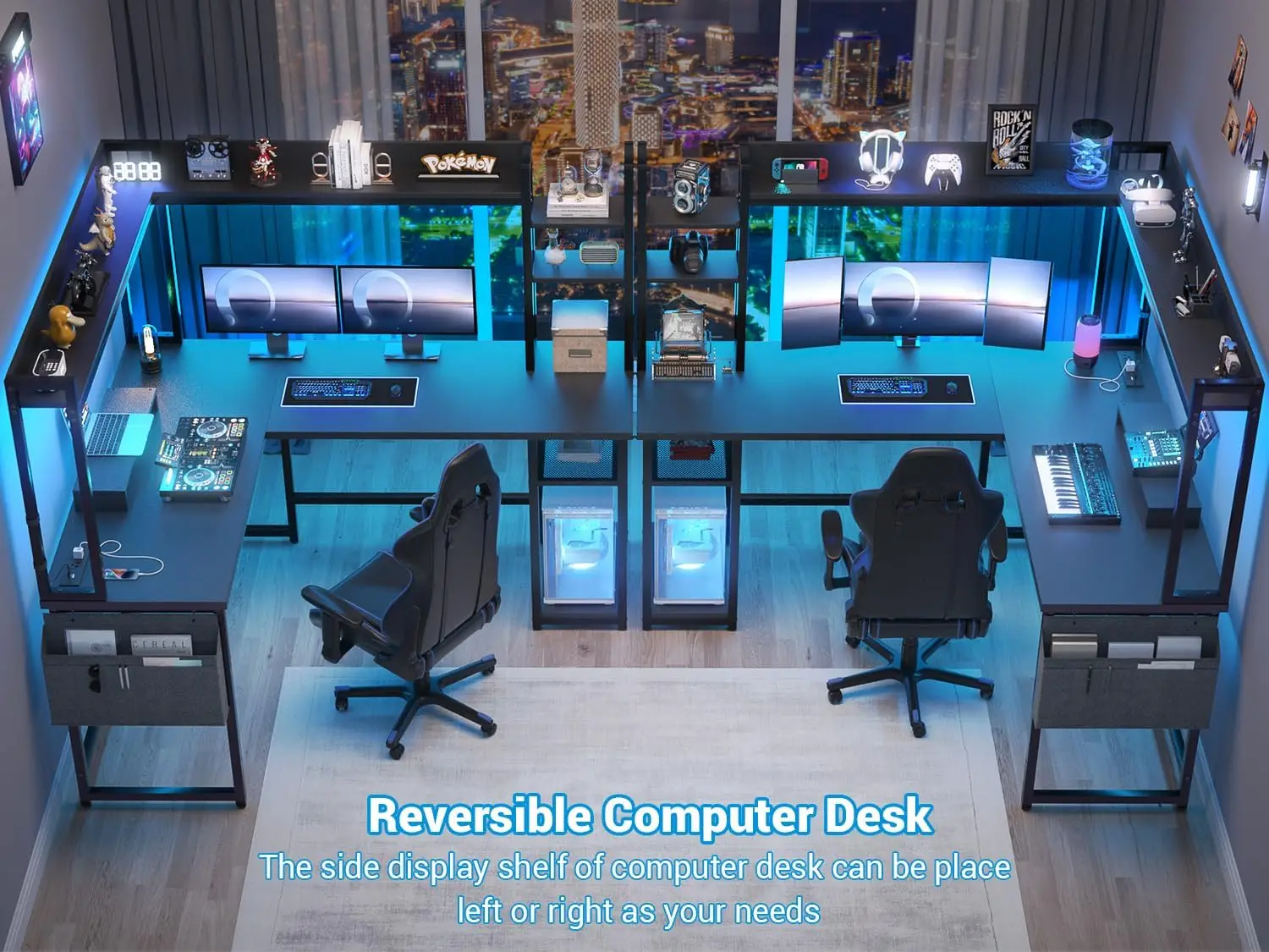 مكتب ألعاب على شكل حرف L مع مخرج طاقة وأضواء LED وحامل شاشة وتخزين - أسود