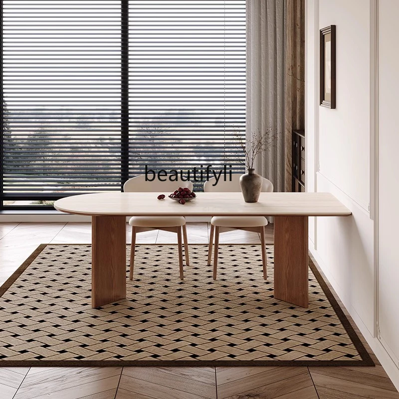 

Vintage Style Slate Travertine French Dining Table for Home Use, Small Apartment Semi-Circular Rectangular Dining Table