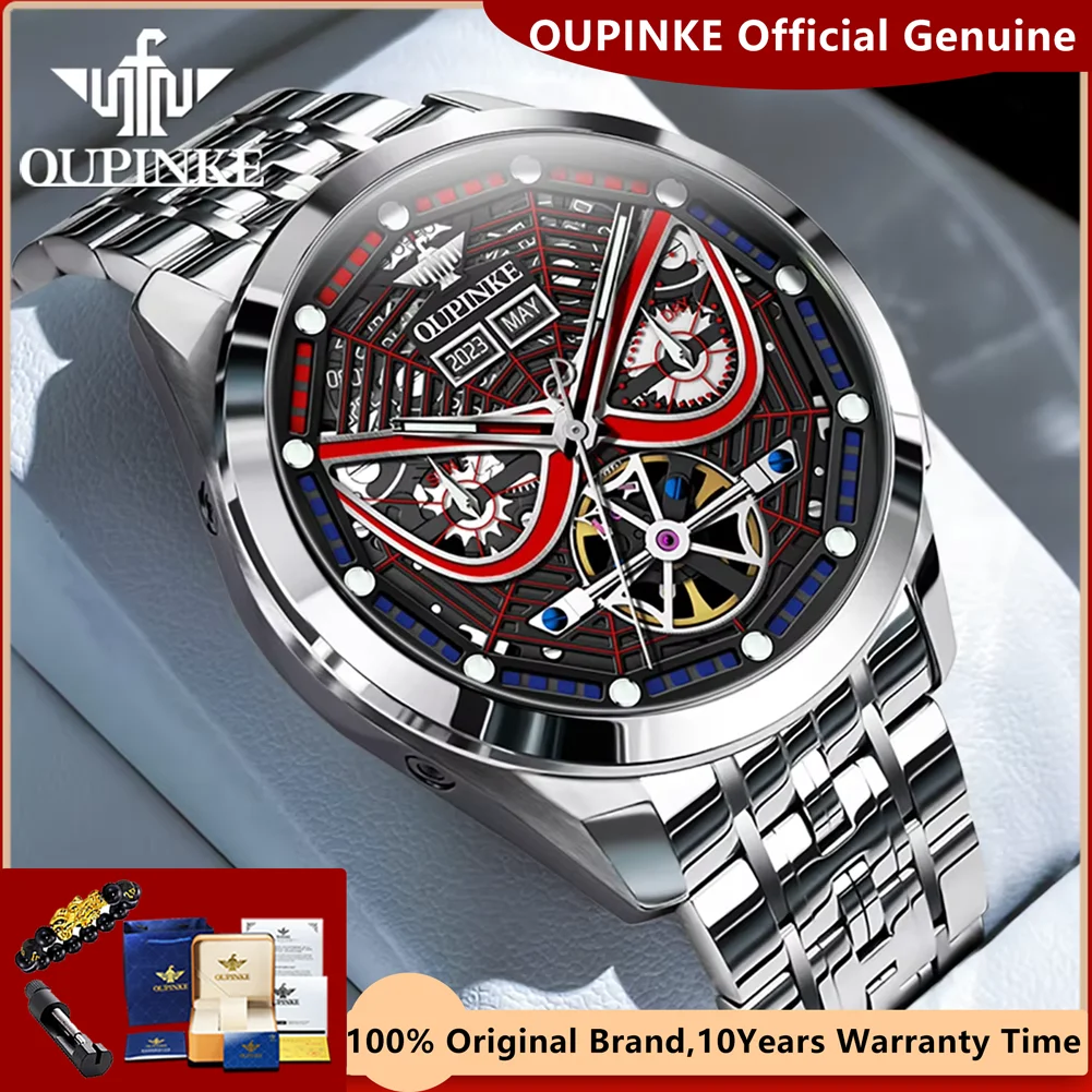 OUPINKE 3250 Automatic Mechanical Wrist Watch for Men 3D Skeleton Flywheel Spider Armor Cool Dial Luxury Top Brand Men's Watches