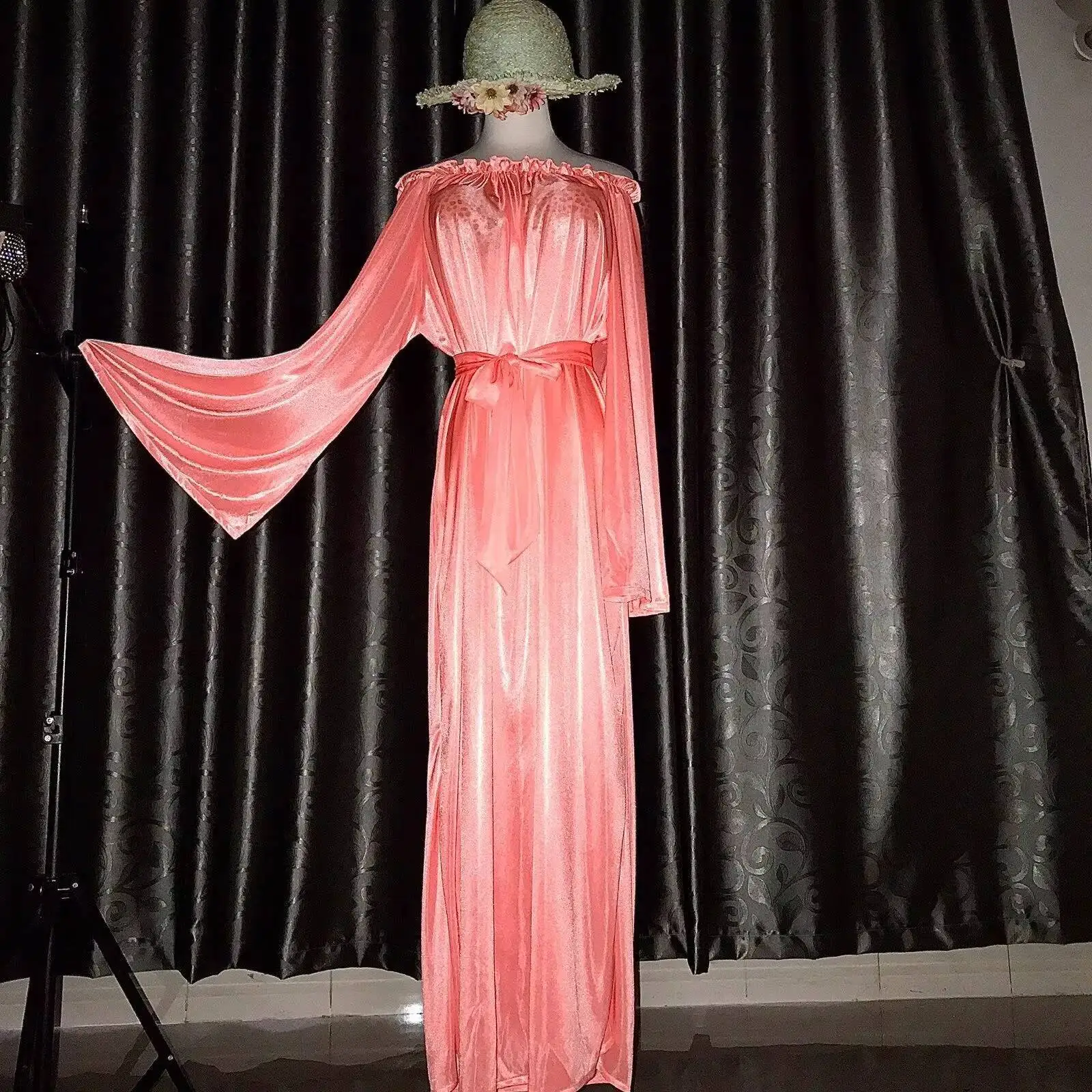 글로시 여성용 러플 새틴 긴 소매 드레스 루즈 맥시 드레스 플러스 사이즈 잠옷 로브