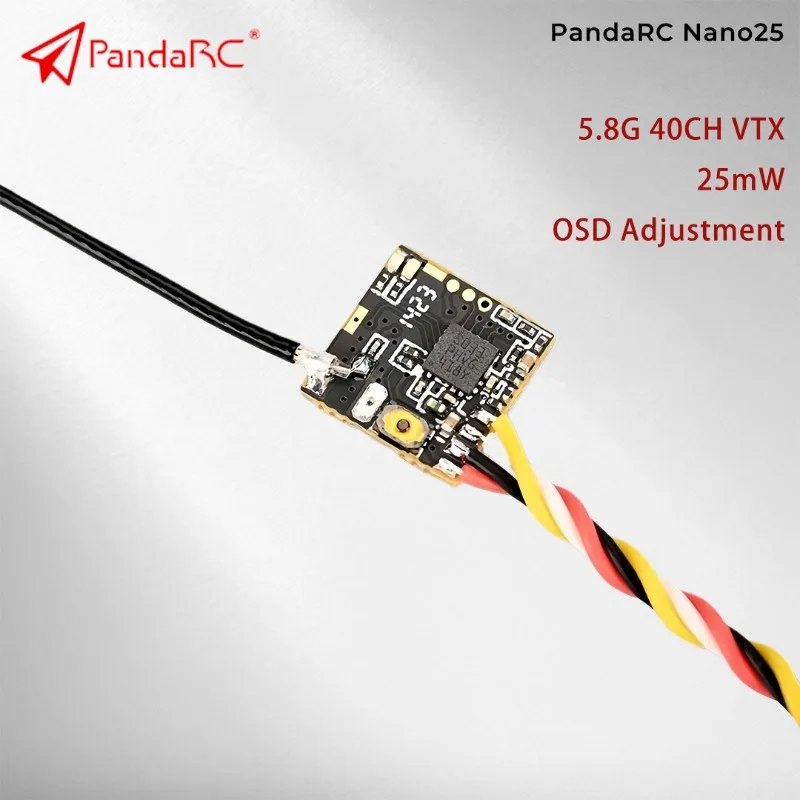 

PandaRC Nano25 5.8G 25mW VTX 40CH OSD Adjustment Pit Mode U.FL Connector NTSC/PAL Video Transmitter For Micro FPV Drone Parts