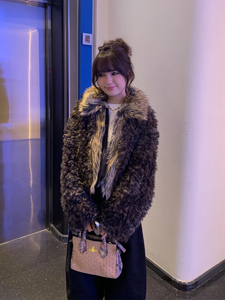 Jaqueta Feminina Coreana de Pele de Cordeiro Curta, Casaco de Couro Ecológico Quente e Corta-Vento, Fácil de Limpar, Casual, Manga Longa