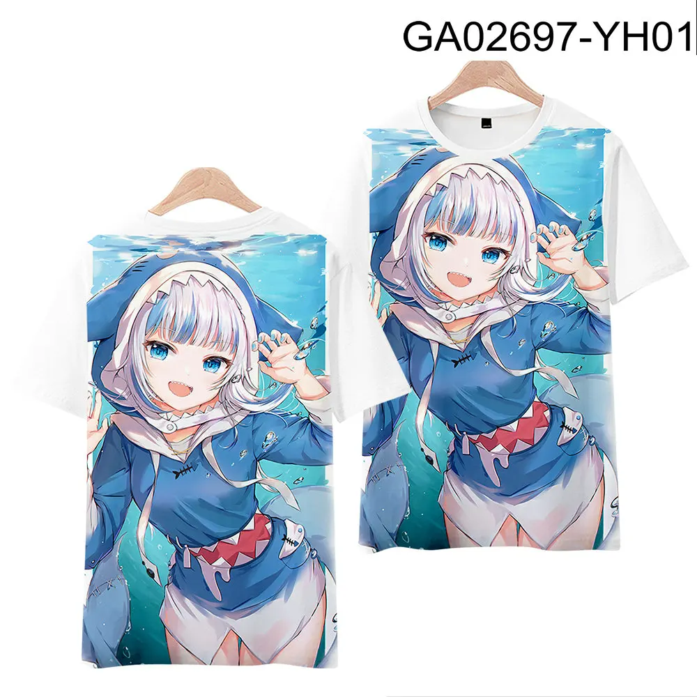 Gawr Gura VTuber camiseta estampada, gola redonda, manga curta, popular, streetwear japonês, moda verão, plus size