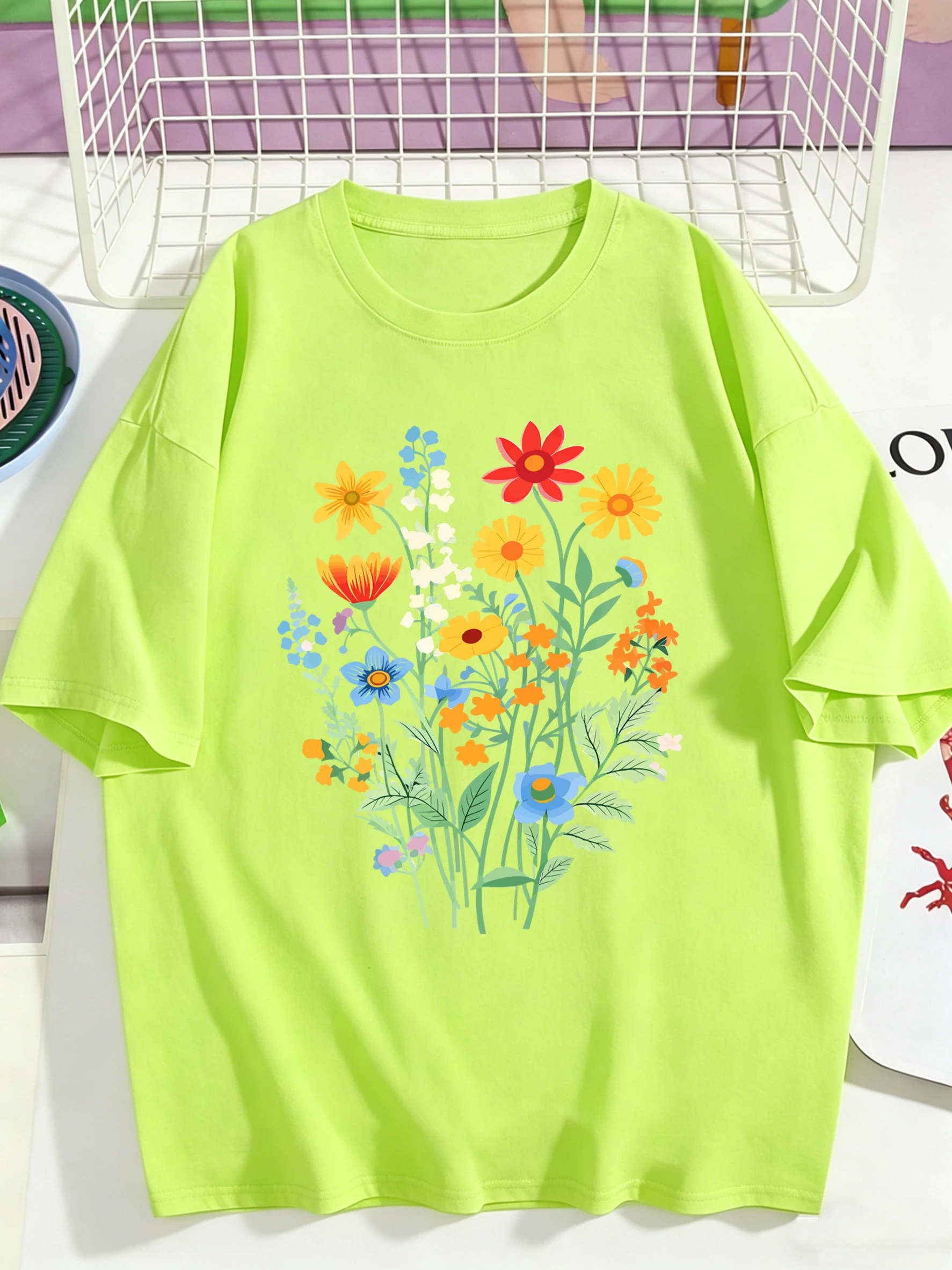 Beautiful Flowers That Grow Vigorously Print T Shirt Women Cotton Oversized T-Shirts Summer All-Match Tops Trendy O-Neck Clothes