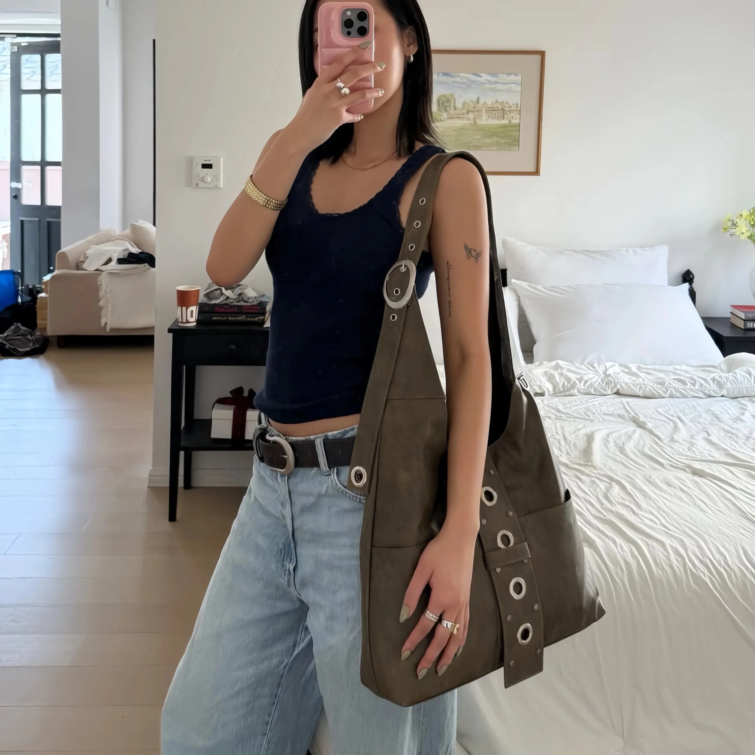 

Большая мотоциклетная сумка Large Capaci Punk Sle Hieta с ремнем, сумка через плечо для женщин, модная, с заклепками