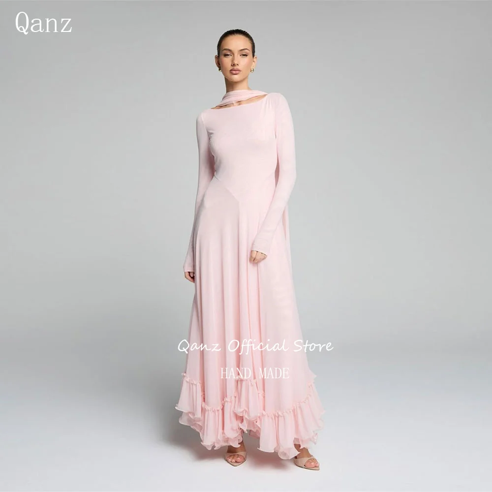Qanz Elegant Chiffon Prom Dress Long Sleeves Ruffles Women's Formal Evening Gowns A Line Wedding Guest Dresses Customized