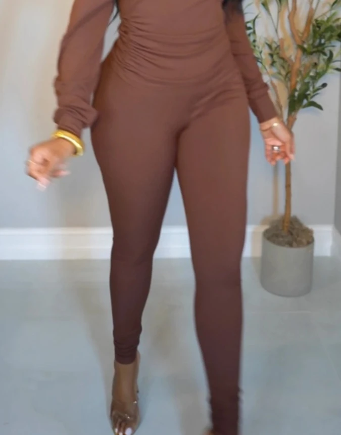 Elegant Two Piece Set for Women 2024 Autumn Fashion Casual Brown Slant Collar Ruffle Long Sleeve Top and Casual Tight Pants Set