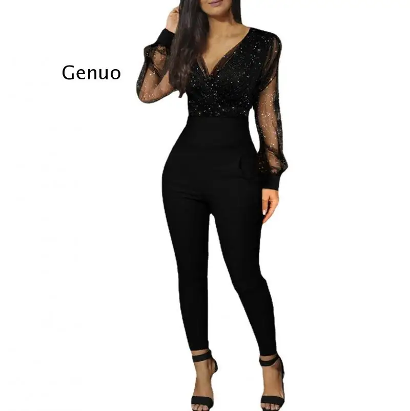 Party Jumpsuit Glitter Semi Sheer Mesh Bodycon Long Sleeve Women Skinny Casual Solid Romper